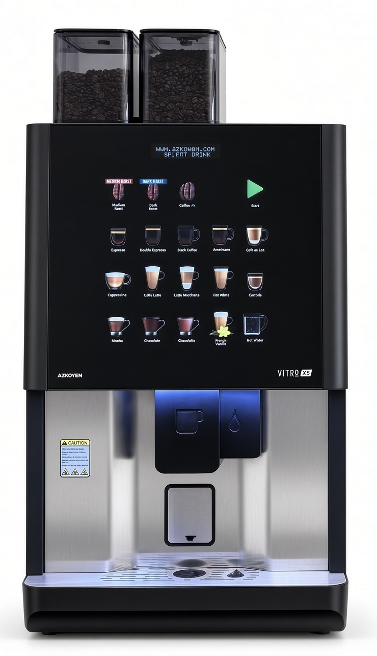 Azkoyen coffee machine touchscreen showing drink menu